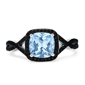 Halo Cushion Infinity Twist Side Stone Black CZ Engagement Ring Simulated Aquamarine 925 Sterling Silver Wholesale